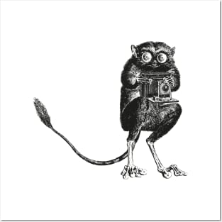 Say Cheese! | Tarsier with Vintage Camera | Bellows Camera | Black and White | Anthropomorphic | Posters and Art